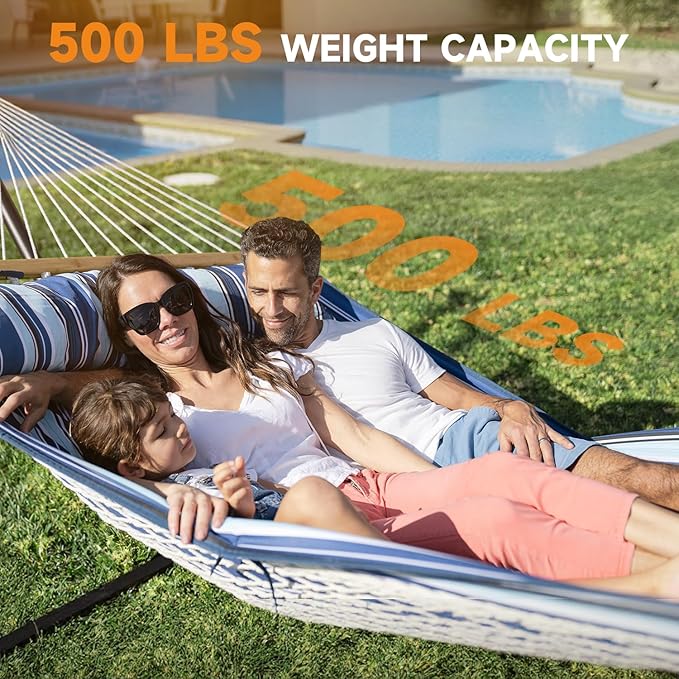2 Person Outdoor Hammock with Stand, Cotton Rope Hammock with Polyester Pad, Adjustable Steel Frame, Portable with Carrying Bag – for Patio, Backyard, Garden, Beach, Blue Rootora
