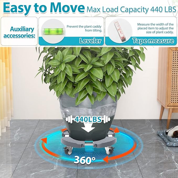VANCASTLE Plant Caddy Plant Stand with Wheels, Heavy Duty Plant Roller Base 15-22 Inch Adjustable，Palnt Wheel Base 440 LBS, Large Potted Planter Cart Dolly for Flower Mover, Gray, 2 Pack VANCASTLE
