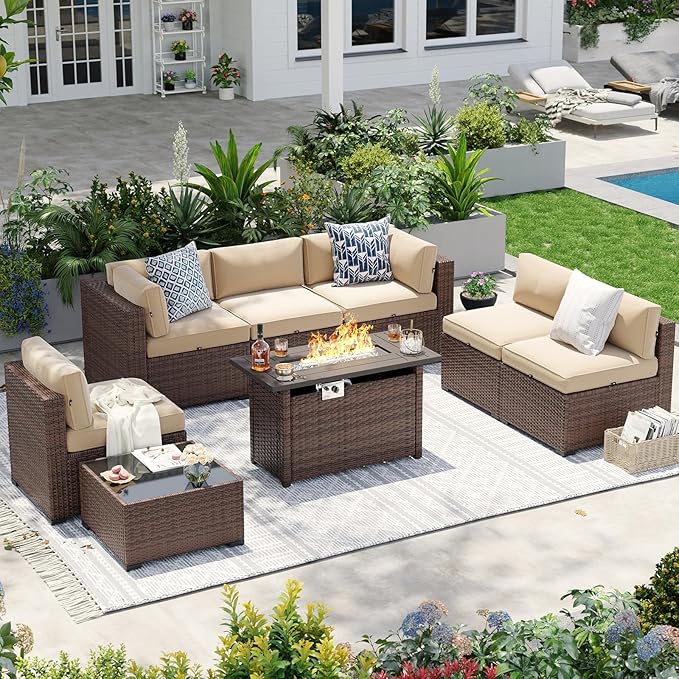 Aoxun Patio Furniture Sets, 8-Piece Outdoor Patio Furniture with 44'' Propane Gas Firepit Table, Wicker Outdoor Conversation Set Sectional Sofa for Backyard, Poolside, Garden (Black Cushion) Aoxun