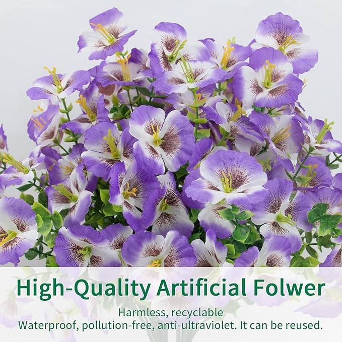 12 Bundles Artificial Pansy Flowers for Outdoor, Faux Silk Pansies Spring Flowers Outside for Planter Front Door Porch Patio Yard Window Box Home Decor (White Purple) Griine