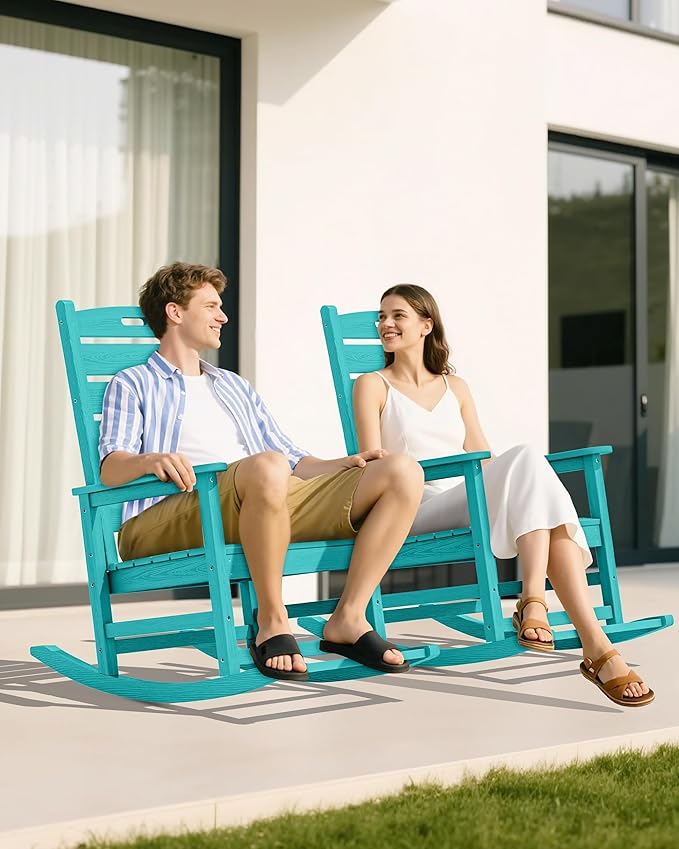 SERWALL Outdoor Rocking Chair Set of 4, Oversized HDPE Patio Rocking Chair with Footrest for Adults, All Weather Porch Rocker for Deck Patio Balcony, Aruba SERWALL
