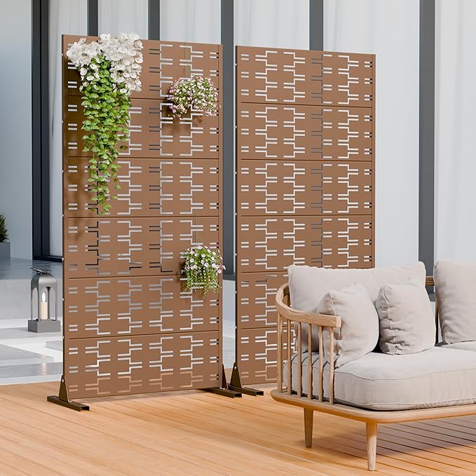 Casaphoria Metal Privacy Screen Outdoor, 72" H x 35" W Freestanding Decorative Privacy Screen for Patio Deck Balcony Garden with Stable Base, Brown-Brick Casaphoria