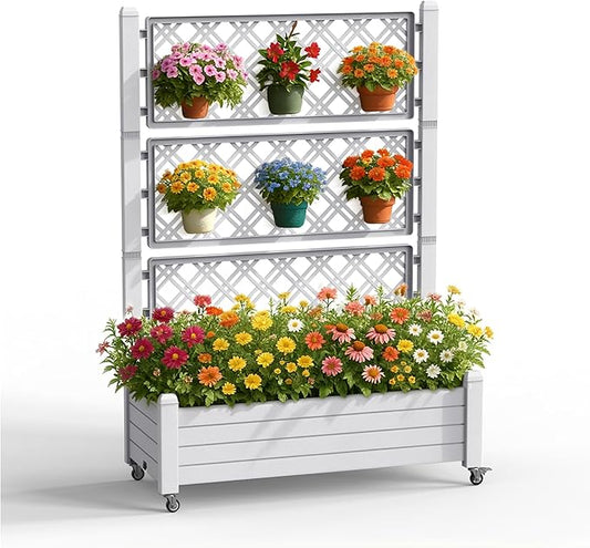 Raised Garden Bed with Trellis, 21 Gallon Self Watering Planter Box with Lockable Wheels & Drainage Holes for Climbing Plants Vegetables Flowers, Anti-Rust Resin for Backyard Patio (Ashen) OutdoorLivingPerfected