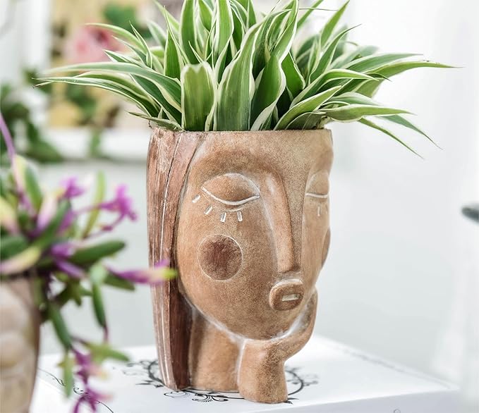 Head Planters for Indoor Plants, Face Flower Pot Head Planter Succulent Planters Unique Face Planter with Drainage Hole - Rustic Thinking Girl Closed Eyes Saysmile