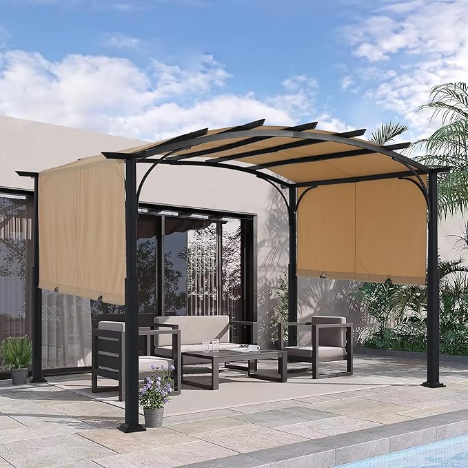 MASTERCANOPY 10x10ft Outdoor Retractable Pergola with Sun Shade Canopy Patio Metal Garden Pergola,Beige MASTERCANOPY