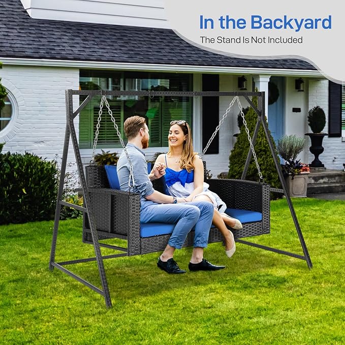 Outvita Porch Swing 2 Person Hanging Bench, Wicker Outdoor Swing Bench with Cushion and Pillow for Patio, Yard, Garden Hold Up to 800 lbs (Blue) Outvita