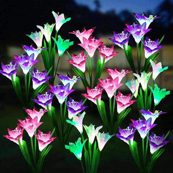 WdtPro Solar Outdoor Lights Garden Decorative 10 Pack, Waterproof Solar Garden Lights with 40 Lily Flowers, Multi-Color Changing Outdoor Solar Lights for Yard Outside Decorations WdtPro