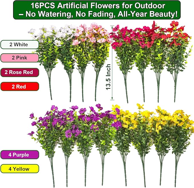 Artificial Fake Flowers for Outdoor Decoration, 16 Bundles Faux Silk Colorful UV Resistant Realistic for Outside Porch Patio Home Yard Garden Planters Pots Window Box (Mix(6 Color)) Grunyia