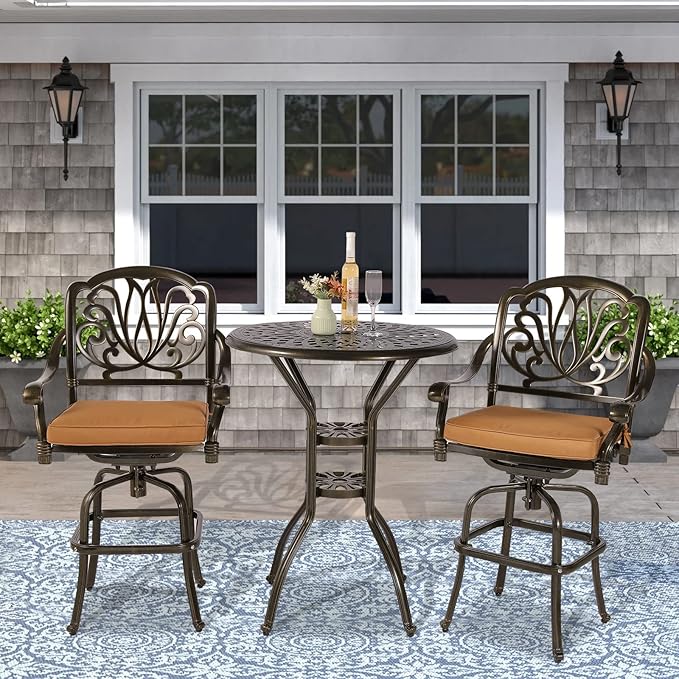 VIVIJASON 3-Piece Patio Swivel Bar Stools Set, All Weather Cast Aluminum Outdoor Bar Height Bistro Set with 2 Cushioned Bar Chairs & 31" High Bar Table w/Umbrella Hole for Backyard, Lawn, Garden VIVIJASON
