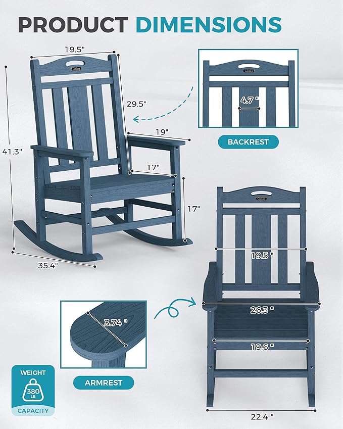 Ciokea Oversized Outdoor Rocking Chairs Set of 4, 380lbs Heavy-Duty Large Patio Rocker, High Back Cozy Porch Chairs, Weather Resistant Patio Rocking Chairs for Outside, Fire Pit, Deck, Slate Blue CIOKEA