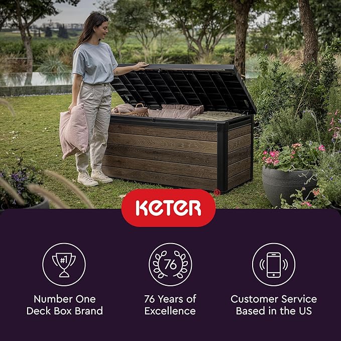 Keter Signature Collection 150 Gallon Resin Deck Box Organization and Storage Box for Patio Outdoor Cushions, Throw Pillows, Garden Tools and Pool Supplies, Walnut Keter