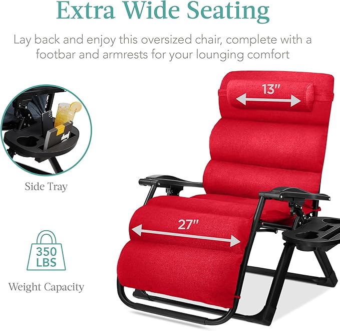 Best Choice Products Oversized Zero Gravity Chair, Folding Outdoor Patio Recliner, XL Anti Gravity Lounger w/Removable Cushion, Cup Holder, Side Tray, 350lb Capacity - Crimson Red BestChoiceProducts