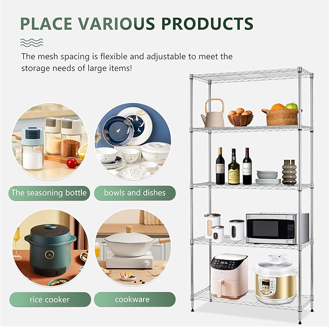 BestOffice | 5-Tier Wire Storage Shelves with Wheels | 14x30x60 | Chrome | Adjustable Racks | Heavy-Duty Metal Shelf, Holds Upto 220 lbs | No-Tool Assembly | Ideal for Home & Garage Shelving BestOffice