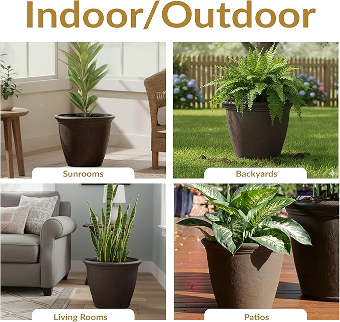 Sunnydaze 15.25-Inch Anjelica Large Plastic Pot for Plants - Outdoor Double-Walled Large Plastic Planter with Drillable Drainage Holes - Rust - 4pk SunnydazeDecor