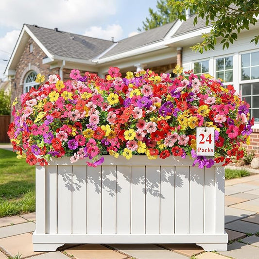 Alupssuc 24 Bundles Artificial Flowers for Outdoors Decoration, UV Resistant Silk Faux Daisy Flora Spring Fake Plastic Plants Greenery for Outside Indoor Yard Home Porch Window Box Decor, Mix 5 Colors Alupssuc