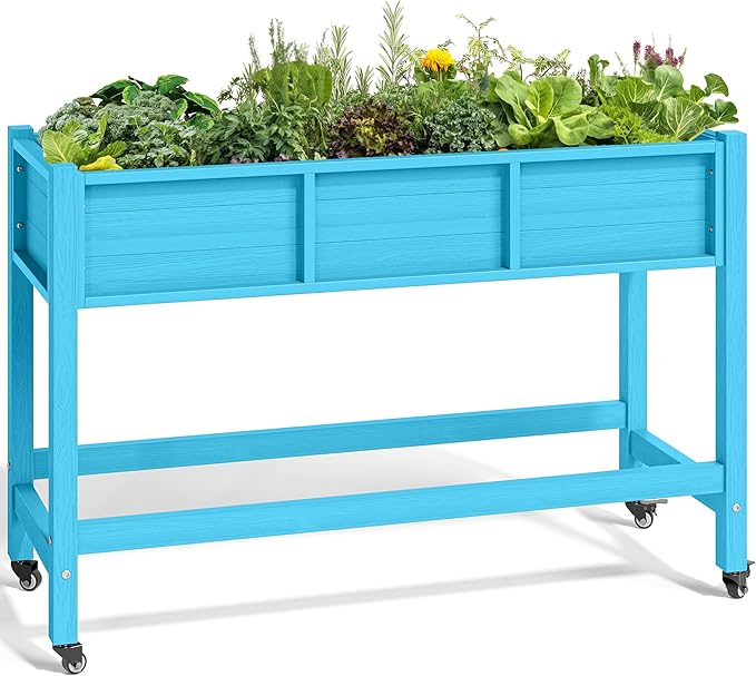 YITAHOME Raised Garden Bed HDPE, 47x18x31In Raised Flower Bed Poly-Wood Weather-Resistant Elevated Planter Box with Lockable Wheels for Vegetables, Aruba Blue YITAHOME
