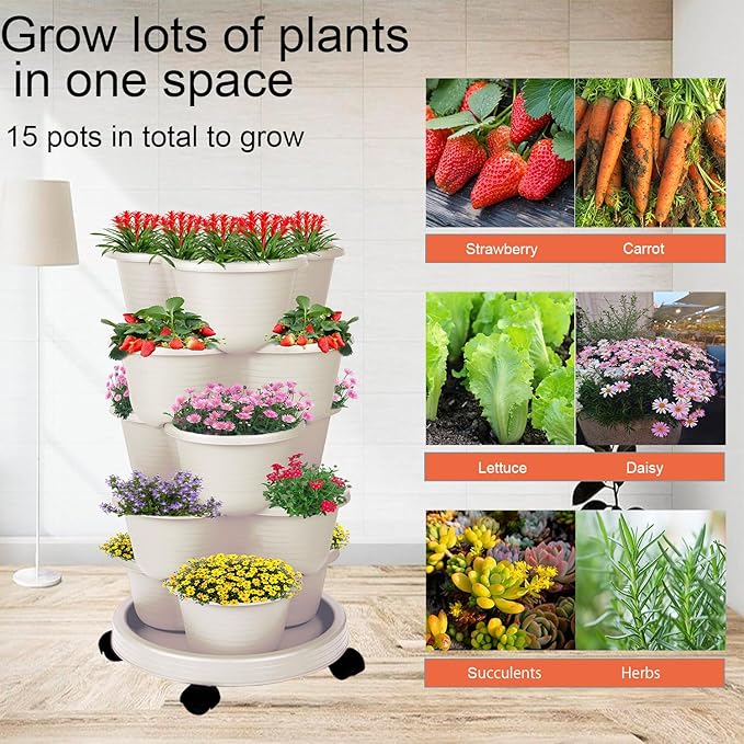 5-Tier Vertical Garden Tower Stackable Planter for Strawberries, Flowers, Vegetables & Herbs Beige Pinky+Family
