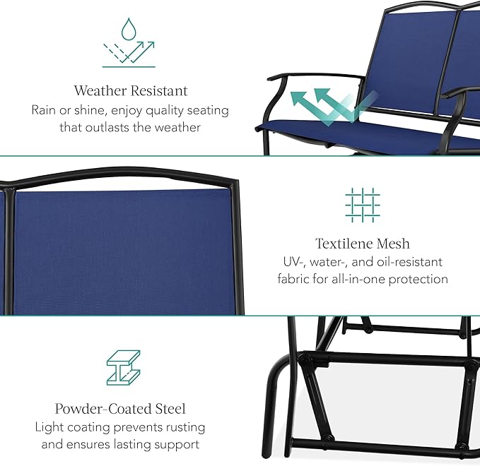 Best Choice Products 2-Person Outdoor Patio Swing Glider Steel Bench Loveseat Rocker for Deck, Porch w/Textilene Fabric, Steel Frame - Navy/Black BestChoiceProducts