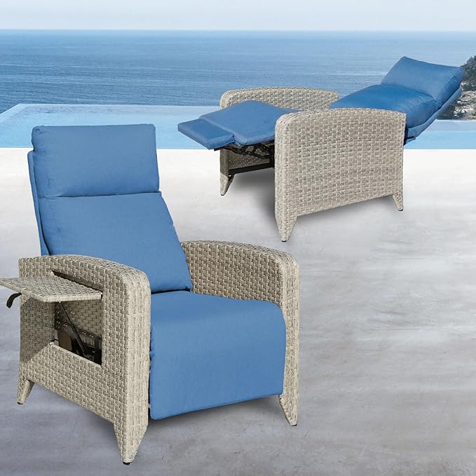 Outdoor Recliner Chairs Set of 2, Reclining Patio Chairs with Adjustable Back up to 150°Lay Flat and Extended Footrest, Wicker Recliner Chairs with Flip Table and Removable Olefin Cushion zzw