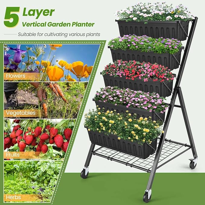 SEJOV 5-Tier Raised Garden Bed, 4FT Vertical Garden Planter with Storage Rack and Lockable Caster Wheels, Indoor Outdoor Raised Planter Box with Drainage System for Vegetables, Flowers, Herbs, Black SEJOV