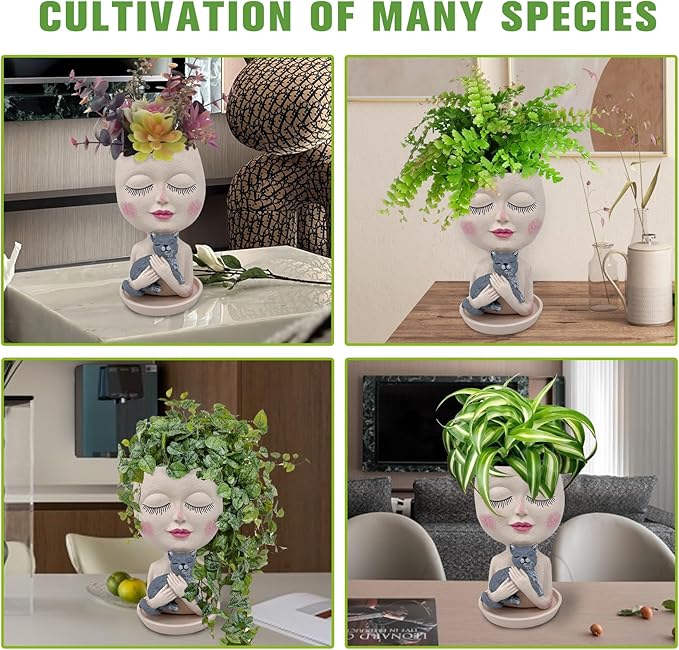 Face Plant Pots Head Planters - Face Flower Pot Head Planter with Cat, Succulent Pots with Drainage Hole, Resin Lady Planter for Indoor Outdoor, Home Decor, Mother's Day/Women Gifts ASDFG