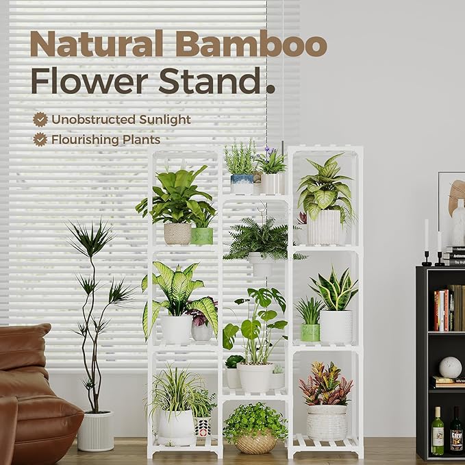 Bamworld White Plant Stand Indoor/Outdoor Ladder Plant Rack, 3 Tiers for 7 Pots, Living Room Boho Decor Bamworld