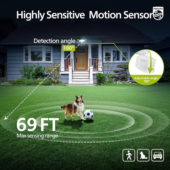 Philips 72W 7400LM LED Security Lights w/PIR Motion Sensor Outdoor, 5000K Daylight Dusk to Dawn Aluminum Flood Light, 3 Adjustable Heads, Waterproof for Garage, Yard, Porch PhilipsLightingLED