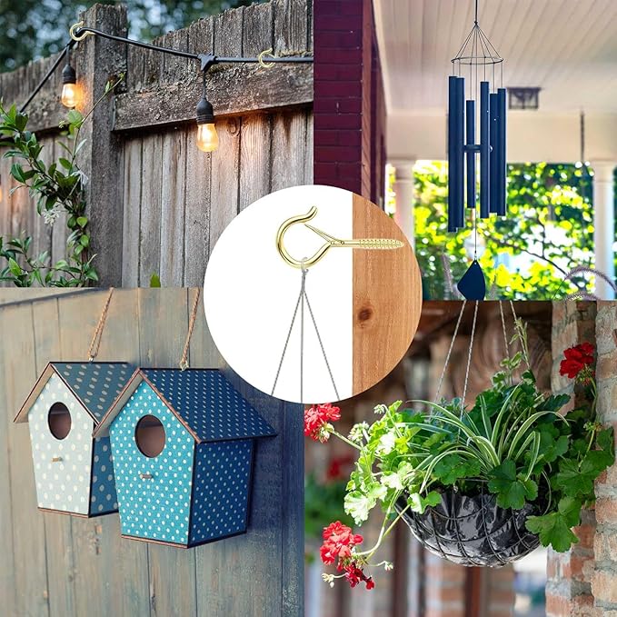 12 PCS Q-Hanger Hooks, Screw Hooks for Outdoor String Lights, Safety Buckle Design Cup Eye Hook for Hanging Christmas Lights, Plants, Wind Chimes, Mounted on Wall Ceiling, Windproof, Gold FSAH