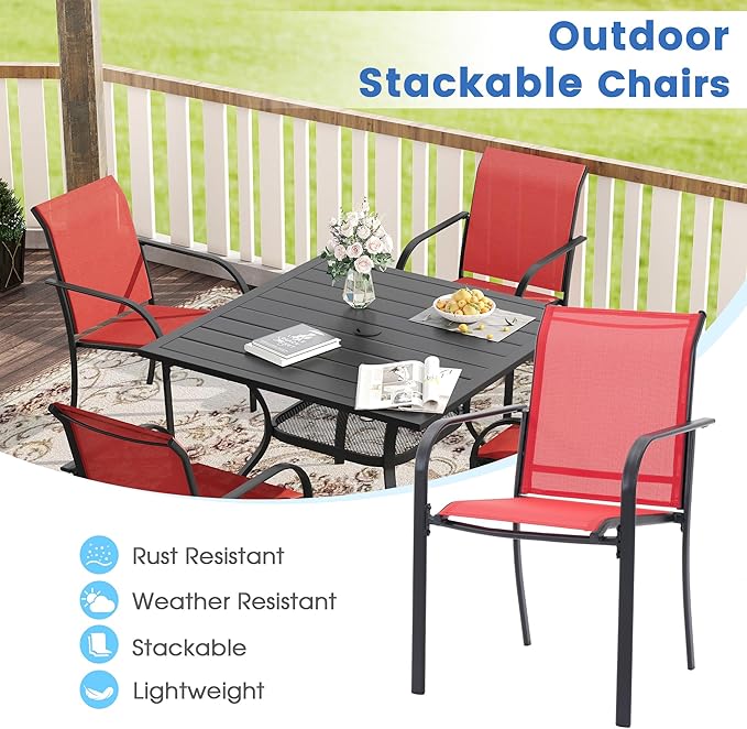 VICLLAX Patio Dining Set for 6, Outdoor Furniture Set Includes 63" Rectangle Patio Table and 6 Patio Sling Chairs, Outdoor Table and Chairs for Outsides, Black Tabletop and Red Fabric HOME