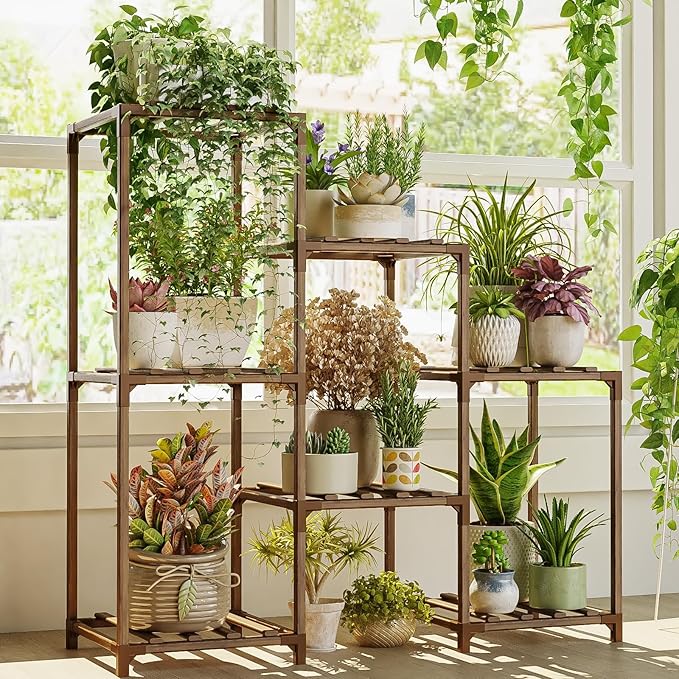 Bamworld Plant Stand Indoor Plant Shelf Outdoor Wood Plant Rack for Multiple Plants 3 Tiers Ladder Plant Holder for Living Room Patio Boho Home Decor for Gardening Bamworld