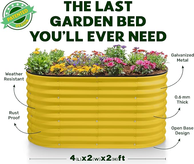 Plant & Plot Galvanized Raised Garden Beds Outdoor // 4×2×2 ft Planter Raised Beds for Gardening, Vegetables, Flowers // Large Metal Garden Box (Yellow) // Patented Tool-Free Design PlantPlot
