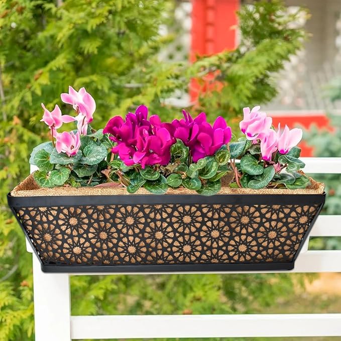 Halatool 24 Inch Window Box with Coco Liner, 2 Pack Sturdy Metal Flower Railing Planter with Coco Coir Basket Liners for Window Deck Fence Porch Balcony and Patio Outdoor Indoor Lawn HALATOOL