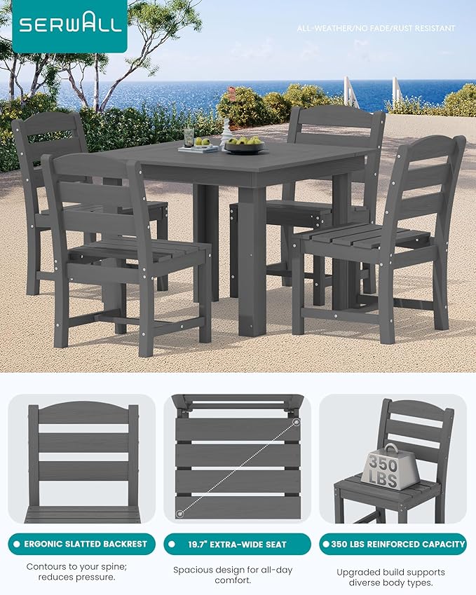 SERWALL Outdoor Dining Set for 4, HDPE Square Table and Chairs Set All Weather Patio Dining Set with 4 Armless Chairs for Patio, Gray SERWALL