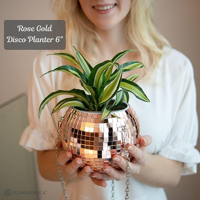 SCANDINORDICA Disco Ball Planter – Value Package: Mirror Disco Planter with Chain, Macrame Hanger and Acrylic Stand for Desk, Includes Self Watering Insert, Quirky Gifts | 6 inch Rose Gold SCANDINORDICA