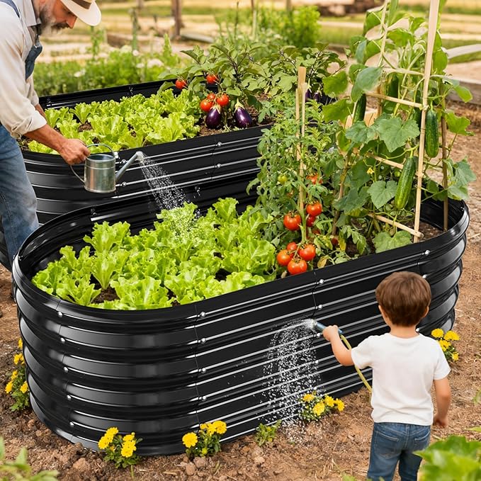 17" Tall Outdoor Garden Raised Garden Bed Kits, 4ft X 2ft Oval,0.8MM Thick Metal Raised Planter Bed/Ground Planter Box for Variety of Flowers,Herbs,Vegetables (Black, 48X24X16.5 Inches) YSEJOMP