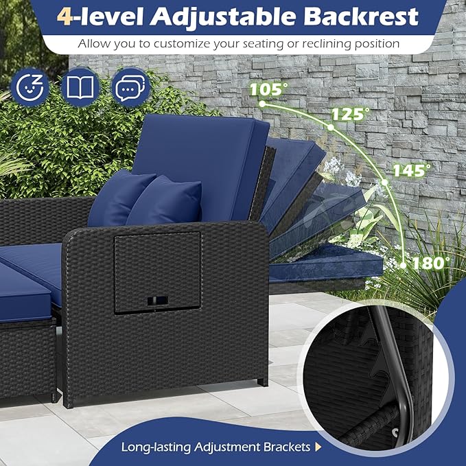 Tangkula Patio Rattan Daybed with 4-Level Adjustable Backrest, Outdoor PE Wicker Loveseat with Storage Ottoman & Folding Side Tray, Double Sunbed Lounger for Balcony, Backyard & Poolside (Navy) TANGKULA