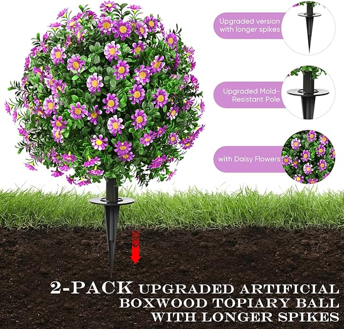 Artificial Topiary Bushes for Outdoors with Spike, Boxwood Ball Fake Shrubs UV Resistant Faux Plants for Indoor Outdoor Fall Thanksgiving Halloween Decor (Sunflower Boxwood Purple -2 Packs) FAJUNZH