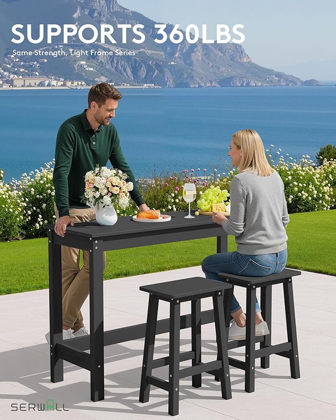 SERWALL 3-Piece Outdoor Bar Set, Rectangular All Weather HDPE Bar Height Patio Set, Outdoor High Top Table and Stools for for Outside, Poolside, Backyard, Garden, Black SERWALL