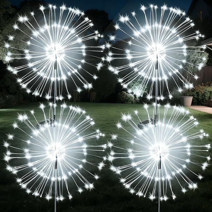 JJGoo Solar Firework Lights, 4 Pack 120 LEDs 2 Lighting Modes Solar Garden Lights Outdoor Waterproof for Yard Patio Walkway Pathway Party Wedding Christmas Decorative - White JJGoo