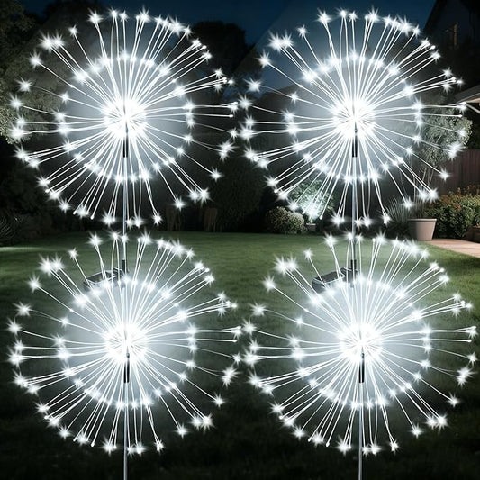 JJGoo Solar Firework Lights, 4 Pack 120 LEDs 2 Lighting Modes Solar Garden Lights Outdoor Waterproof for Yard Patio Walkway Pathway Party Wedding Christmas Decorative - White JJGoo