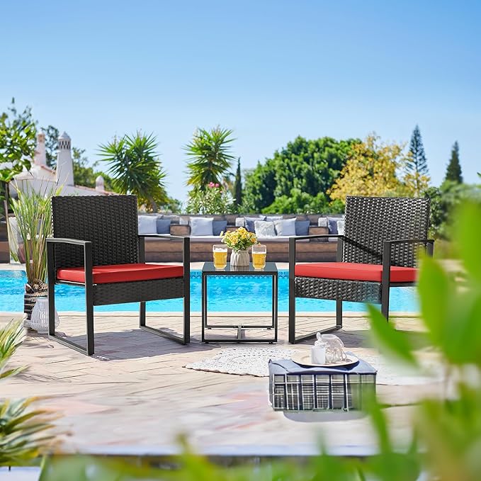 Flamaker 3 Pieces Wicker Patio Furniture Outdoor Modern Rattan Chair Conversation Sets with Coffee Table for Yard and Bistro (Red) Flamaker