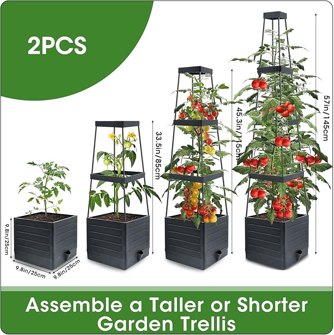 MQFORU 2 Packs Raised Garden Bed Tomato Planter with Trellis, 57" Tomato Cages for Climbing Vegetables Plant, Self Watering Planters Box for Garden Pots for Patio Greenhouse Indoor Outdoor（2PCS） MQFORU