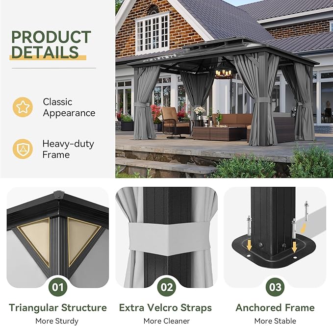 Aoxun 10'x14' Hardtop Gazebo, Aluminum Frame Permanent Pavilion with Curtains and Netting, Outdoor Polycarbonate Double Roof Canopy, Gray Aoxun