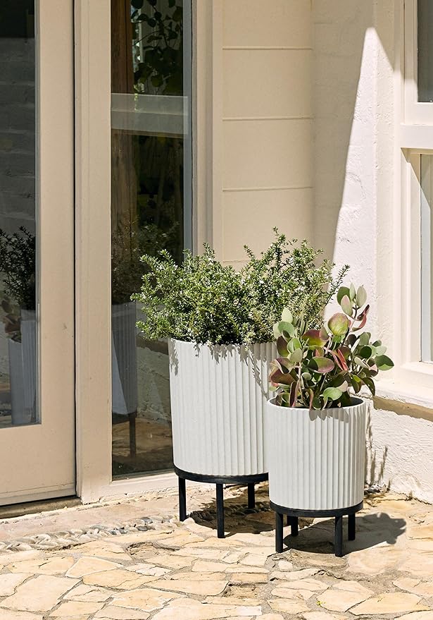 Veradek Demi Series Round Planter w/Stand for Porch/Patio | Durable Plastic-Stone Composite & Wooden Stand | Modern Décor for Tall Plants, Flowers VeradekOutdoor