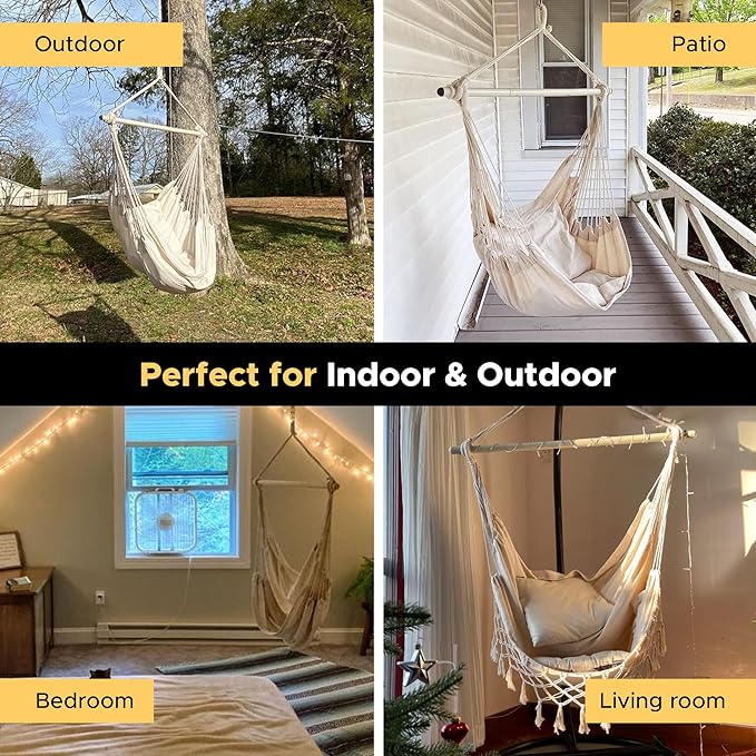 MIZTLI Hammock Chair Hanging Chair Swing Chair Hanging Chair for Bedroom Indoor Outdoor- Max 500 Lbs－Steel Spreader Bar with Anti-Slip Rings, 2 Cushions MIZTLI