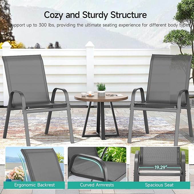 Patio Chairs Set of 2, All Weather Breathable Stackable Outdoor Dining Chairs with High Back and Wide Seat, Easily Set Up Outdoor Chairs Set of 2 with Metal Frame for Backyard Garden Pool, Grey Dovov