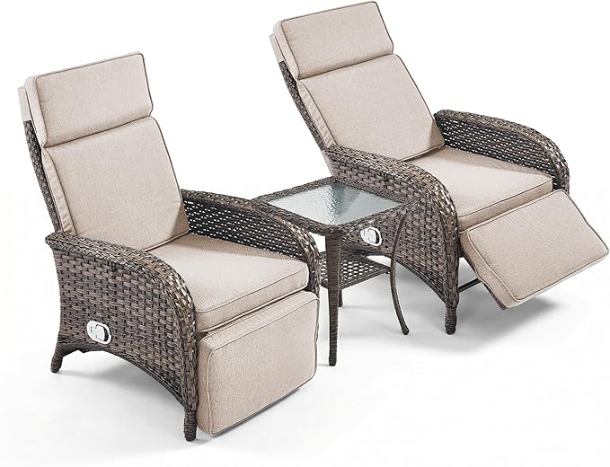3 Pieces Zero Gravity Wicker Patio Recliner Chairs Set of 2 - Wicker Outdoor Lounge Chair with Side Table, Adjustable Backrest & Footrest, High Back Outdoor Recliner Chair for Pool Deck Beige JelwalyPatioFurnitureSet