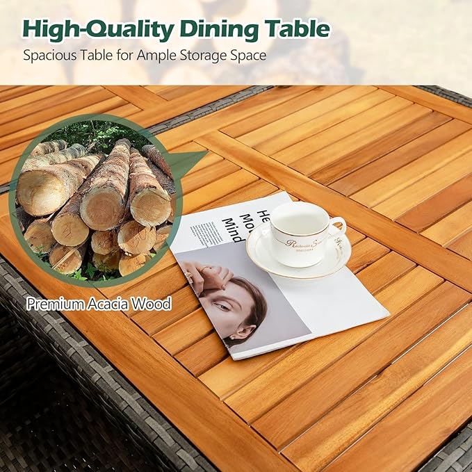 Tangkula 9 Piece Rattan Outdoor Dining Set with 13Ft Umbrella for 6, Outdoor Wicker Table Set with 6 Cushioned Armchairs, Acacia Wood Top, Outdoor Umbrella & with Base Included TANGKULA