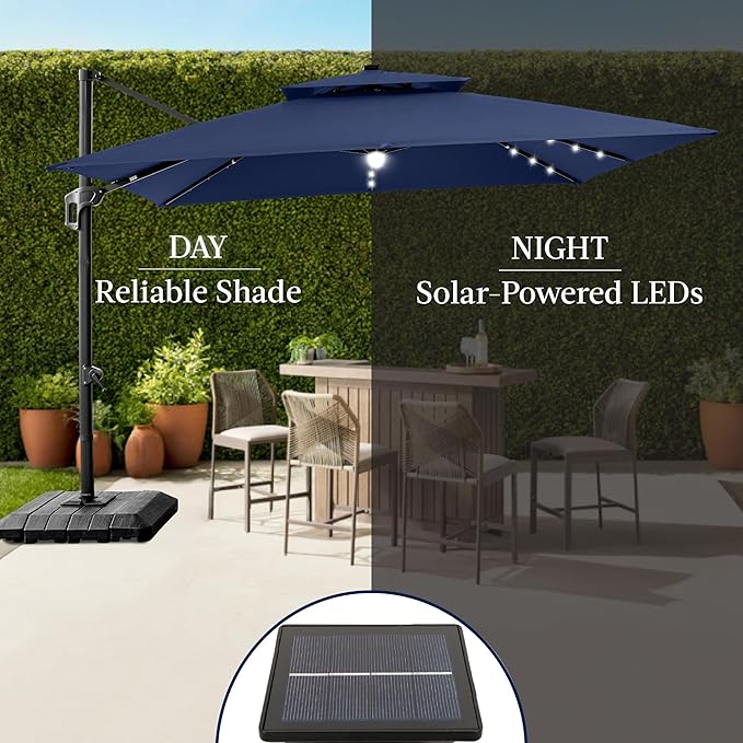 Best Choice Products 9x12ft LED Cantilever Patio Umbrella w/Base Included & 360° Rotation, Large Solar Offset Hanging Outdoor Sun Shade for Deck, Backyard Table w/Stand & Lights – Navy Blue BestChoiceProducts