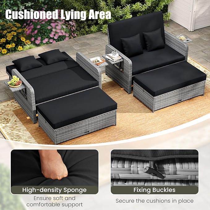 Tangkula Patio Rattan Daybed with 4-Level Adjustable Backrest, Outdoor PE Wicker Loveseat with Storage Ottoman & Folding Side Table, Double Sunbed for Balcony, Backyard & Poolside, Black & Grey TANGKULA